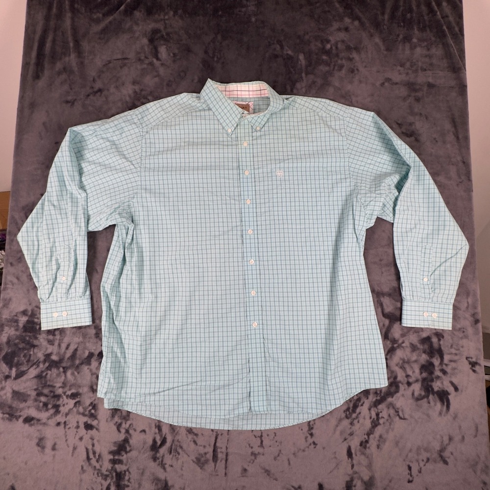 Ariat Button Down Shirt Mens XXL Blue Plaid Wrinkle Free Long Sleeve Cotton